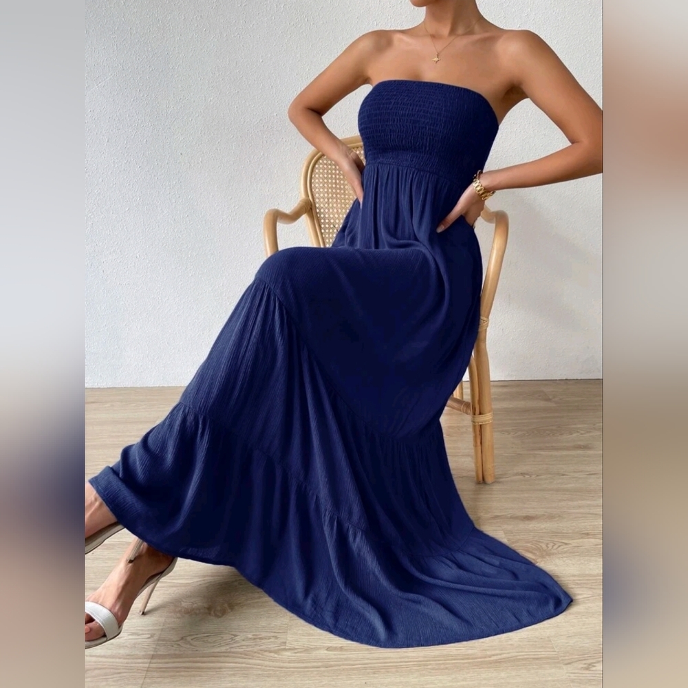 New Chic Smocked Tube Top Tiered Maxi Dress Ruffle Long Dark Blue - Picture 6 of 8